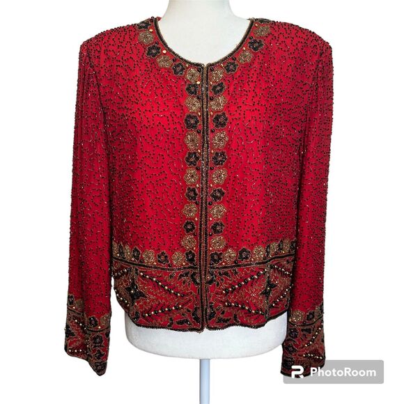 Lawrence Kazar New York Vintage Heavy Beaded Blazer Jacket 100% Silk XL Formal - Picture 3 of 16